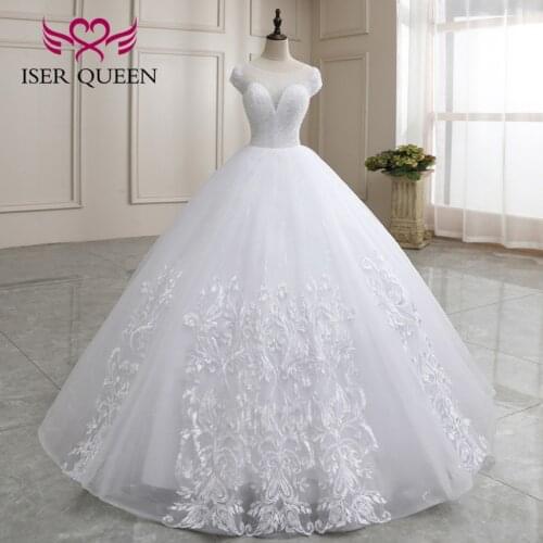 Cap Sleeves Crystal Beading Princess Wedding Gown Sheer Neck Beautiful Embroidery Plus Size Wedding Dress For Bride WX0181