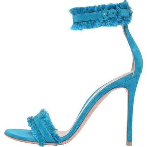 Sexy Light Blue Satin Women Sandals Ankle Strap Tassel Buckle Gladiator Sandals Women Stiletto High Heels Wedding Shoes Bride
