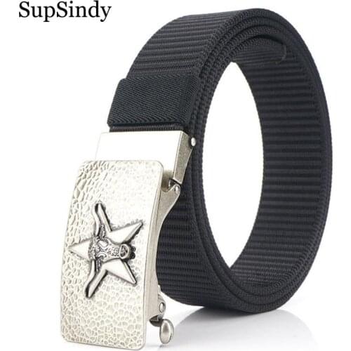 SupSindy Mans nylon belt luxury Bull star metal automatic buckle Canvas Belts for men fashion jeans waistband casual male strap