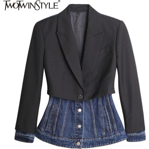 TWOTWINSTYLE Sexy Patchwork Fake Two Womens Autumn Coat Notched Long Sleeve Colorblock Straight Female Blazers 2021 Fashion New