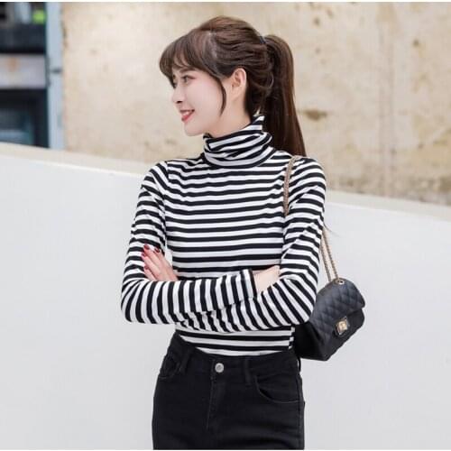 GGRIGHT 2019 Women Long Sleeve Tops Striped Tshirt Sexy Korea Style Fashion Cotton T-shirt Autumn Winter Turtleneck T-shirts