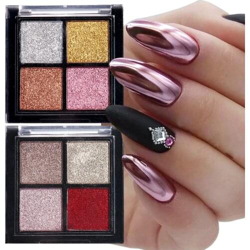 4 Colors Chrome Mirror Nail Glitter Solid Powder Metallic Rose Gold Pink Rubbing Dust Pigment Brush Nail Art Decorations TR1933