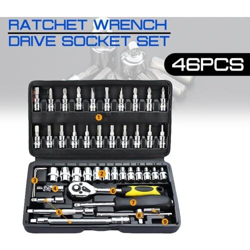 46pcs with Plastic Toolbox Storage Case Ratchet Wrench Drive Socket Set Car Auto Automobile Motorcycle Repair Tool