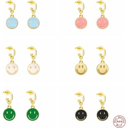 925 Sterling Silver Candy Color Dripping Smiley Face Drop Earrings For Women Girls Round Pendant Earring Jewerly Accessories