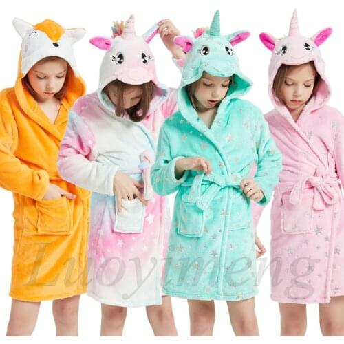 Kids Bathrobe For Girls Pajamas Star Unicorn Towel Flannel Sleepwear Cute Cartoon Unisex Nightwear Robe Boys Girls Dressing Gown