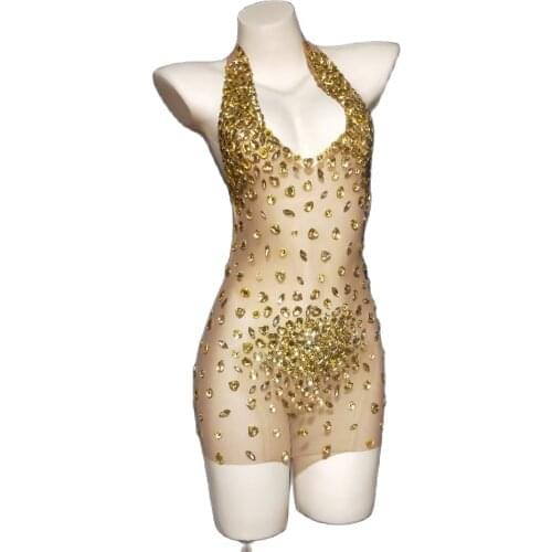 Backless Halter Dress Glod Rhinestone Mesh Sexy Bodycon Dress Women Party Club Latin Dance Stage Birthday Celebrate Wear
