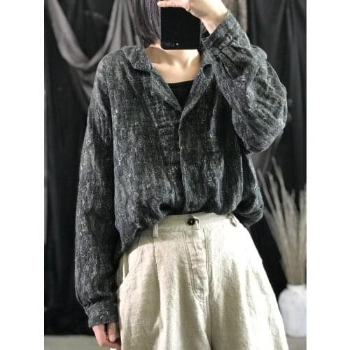 Women Loose Vintage Printed Cotton Linen Blouse Tops Ladies Vintage Print Shirt Female Retro Blouse