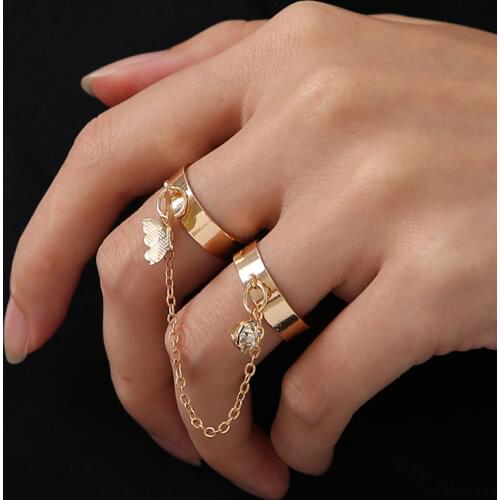 Hip Hop Butterfly Chain Rings For Women Girls Open End Adjustable Trendy Chained Butterfly Ring Punk Fashion Jewelry Gifts