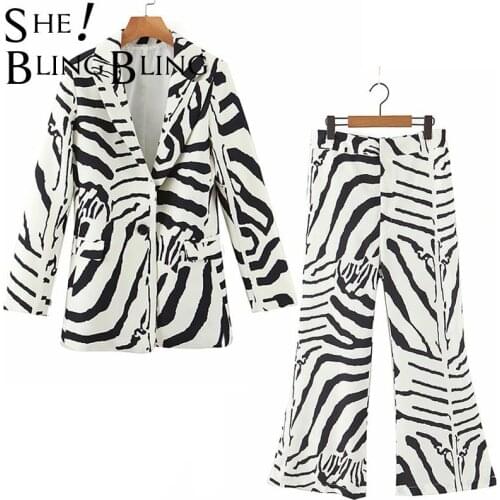 SheBlingBling Za Zebra Print 2 Piece Set Slim Long Blazers and Flare Pants 2021 Autumn Casual Tra Women Suits Female Chic Outfit