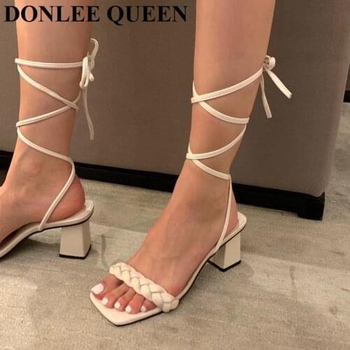 Fashion Brand Weave Ankle Strap Sandals Women Square Toe High Heels Lace Up Cross Tie Gladiator Sandals Summer Narrow Band Shoes