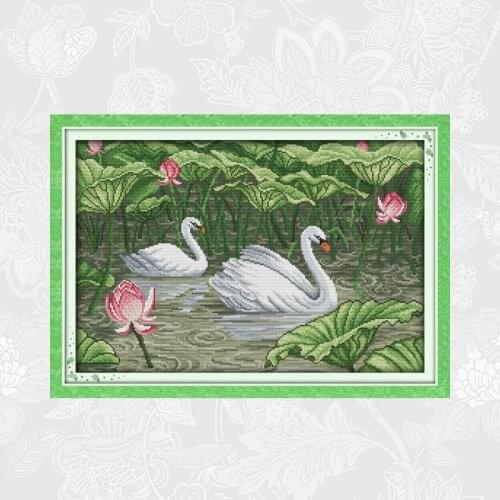 Swans in lotus pond Printed Canvas Cross Stitch kits Counted 14ct 11ct Embroidery Cross-stitch Sets DIY Handmade Needlework