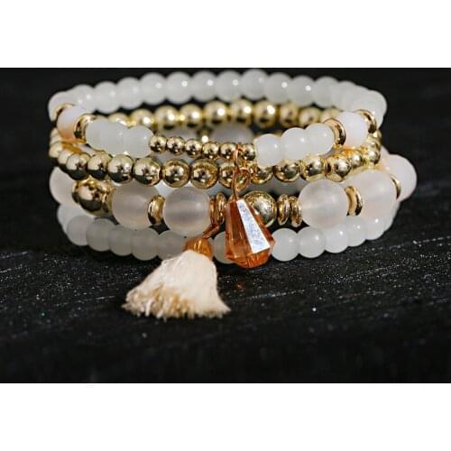 Bohemia White Crystal Beads Womens Bracelets Set Multilayer Stone Tassel Pendents Charm Bracelets Pour Les Femmes