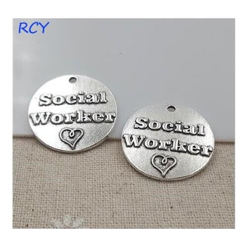 Top Quality 5 Pieces/lot 25mm Round Disc Letter Printed social worker charms metal charm for jewelry making