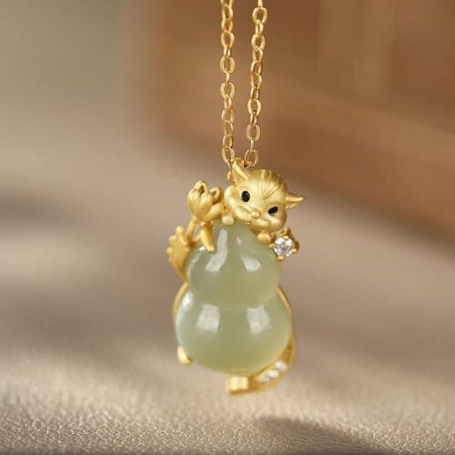 New Silver Natural Hetian White Chalcedony Gourd Mouse Pendant Necklace Charm Niche Design Box Women Brand Jewelry