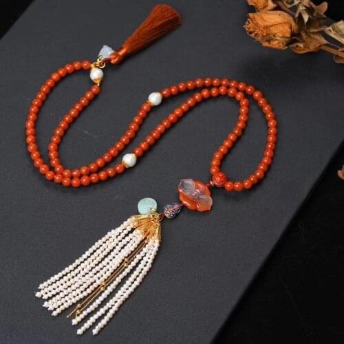 108 Pcs Natural Sichuan Material Southern Red Agate Necklace for Women Girls Long Jadeite Pearl Tassel Rich Light Luxury Jewelry