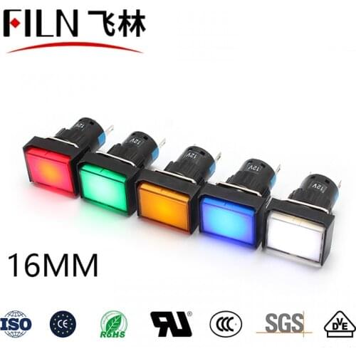 FILN Plastic Rectangular surface 16mm Mounting Size led indicator light 12v 24v 110v 220v pilot lamp with pins
