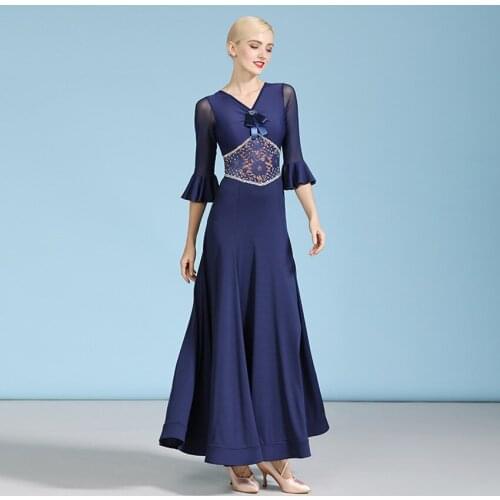 Horn sleeves lace standard Ballroom dance dress Waltz Dress for ballroom dancing rumba dance costumes sequins dance clothes blue