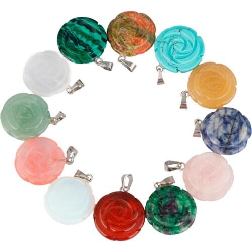 SUNYIK 1Lot (12Pc) Rose Flower Healing Crystal Quartz Charms Pendant for Necklace Jewelry Making