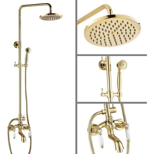 Polished Gold Color Brass 8" inch Round Bathroom Rain Shower Faucet Set Bathtub Mixer tap Dual Ceramics Levers agf424