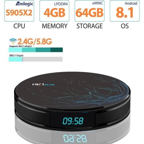 HK1 PLUS Smart TV BOX Android 8.1 S905X2 Quad core LPDDR4 4GB 64GB 2.4G/5GHz Dual WIFI USB3.0 BT4.0 4K HDR H.265 TV Set top Box