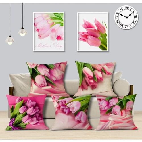 Modern Country Style Pink Flower Tulip Linen Cotton Cushion Cover Decorative Sofa Car Chair Pillow Case Textile Rose 3D Throw