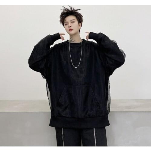 Mens Fashion Punk Gothic Tulle Long Sleeve Loose Hoodie Youth Casual Tops Sweatshirt Black White Pullover