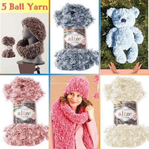 Finger Knitting Yarn Puffy Fur (5 Ball) 16 Color Options - Easy Knitting -NO SKEWERS-NO NEEDLES- 6Meters(100gr)-Alize-Scarf-DIY