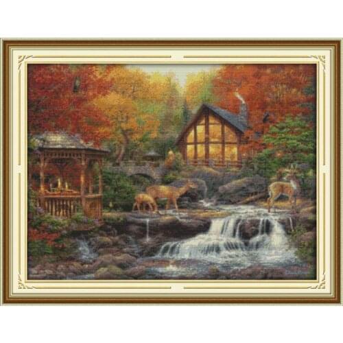 Deer Drinking Near the Stream Counted Cross Stitch 11CT 14CT Landscape Cross Stitch Kits Printed Fabric DMC Needlework Embroider