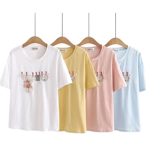 Japanese New Style Cartoon Embroidery Short Sleeve Harajuku T-shirt Women Loose Girl Student Round Neck Tops Tees 2113579