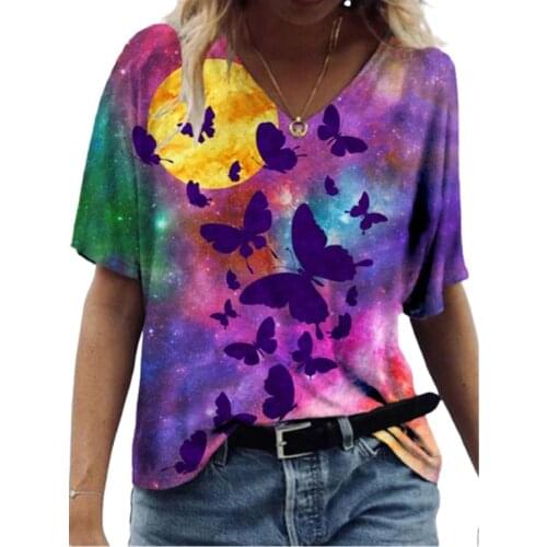 Tie Dye Butterfly 3D Print T Shirt Women Short Sleeve V-Neck Loose Tops 3XL Plus Size Casual Tee Lady Streetwear Top Summer 2021