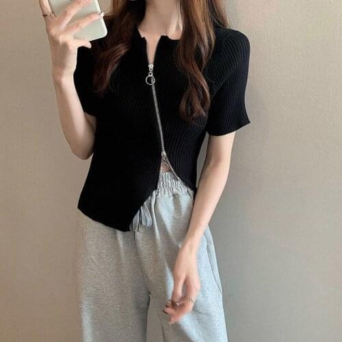 Woman Tshirts Irregular Short-Sleeved Knitted Womens Summer Zipper Short Top Crop Top Mujer Camisetas