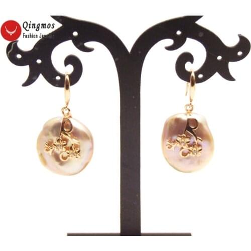 Qingmos Trendy Natural Pink Pearl Earring for Women with 20mm Oval Dangle Pearl Earrings Fine Jewelry Free Pack Box ear718