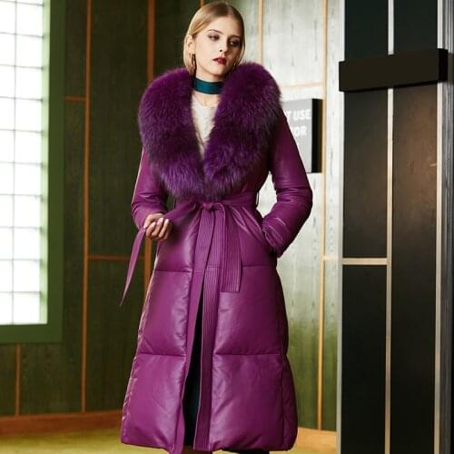 Winter Duck Down Jacket Women Genuine Leather Jacket Female Real Raccoon Fur Collar Leather Coat Vintage Sheepskin Coats 09306