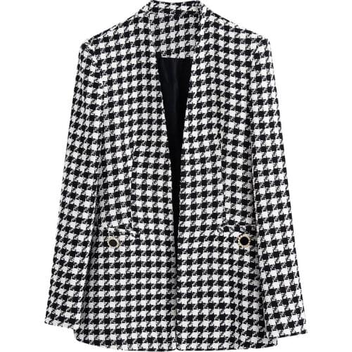 2021 Za Women Autumn New Fashion Tweed Check Blazer Coat Vintage Long Sleeve Pockets Female Outerwear Chic