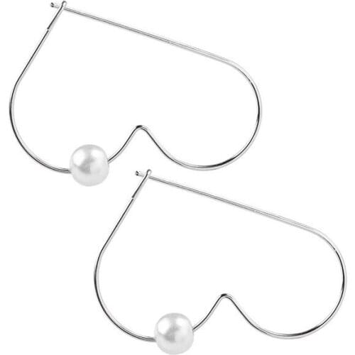 White Simuated Pearl Hollow Asymmetrical Metallic Heart Silver Plated Golden Hoop Earrings for Women