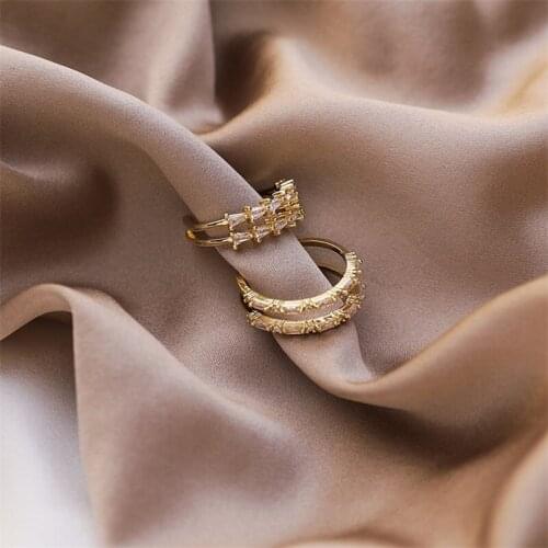 Korean Version of Simple Double Crystal Zircon Womens Open Ring Fashion All-match Elegant Golden Ring Jewelry Accessories Gift