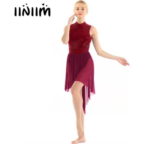 Womens Adult Lyrical Dance Costumes Ballerina Backless Shiny Sequined High Low Gymnastics Leotard Bodysuit Ballet Dance Dress