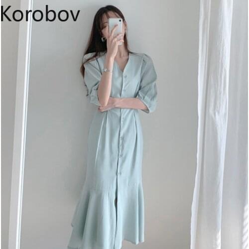 Korobov V Neck Single Breast Design Elegant Dress Women Short Sleeve Solid Mermaid Vestido Summer 2020 New High Waist Dresses