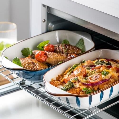 1PCS 8.5 Inch Japanese Dual Handle Rectangle Ceramic Plates Luxury Porcelain Household Dishware Cheese Baking Dish Salad Plates