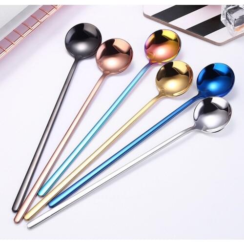 1PC Long Handle Stainless Steel Round Spoon Creative Cold Drink Dessert Ice Spoon Japanese Tableware Honey Stirring Spoons