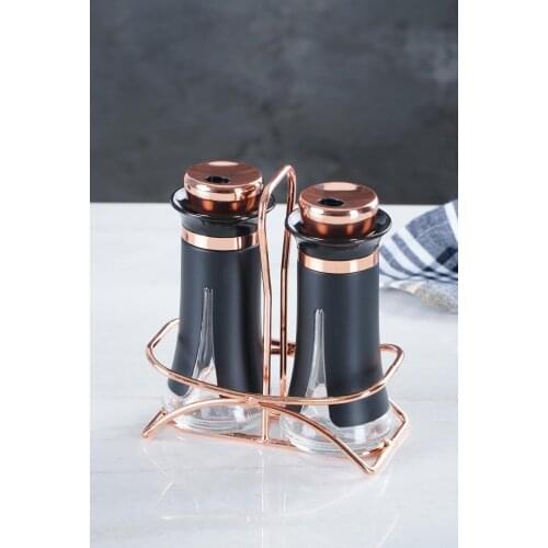 2 Pcs Glass Salt and Pepper Shaker Set with Black Gold Metal Stand Spice Set Kitchen Spice Jar Rack Kitchen