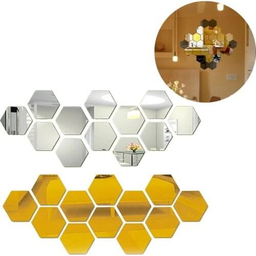 12pcs 3D Mirror Wall Stickers Hexagon Shape Acrylic Removable Wall Sticker Decal DIY Home Decoration Art Mirror Ornaments