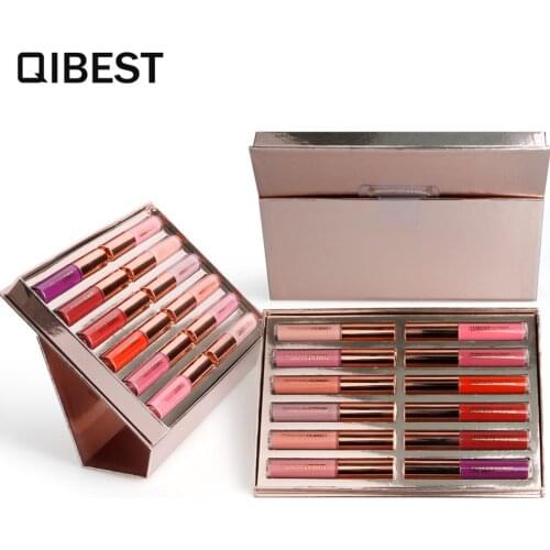 QIBEST Brand 12pcs/Set Colorful Lip Gloss Matte Nude Lip Glaze Waterproof Non-stick Moisturizer Nutritious Beauty Makeup