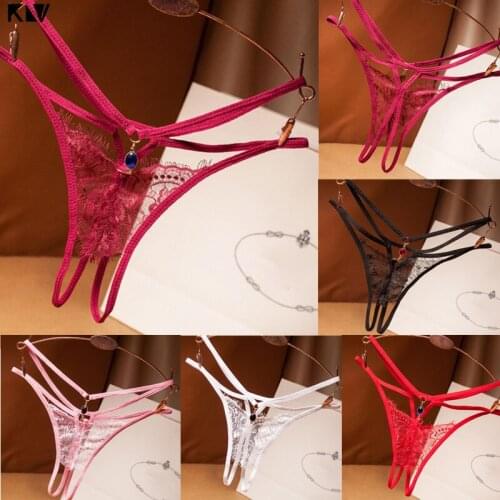 Women Erotic Sheer Eyelash Floral Lace Lingerie Briefs Hollow Out Open Crotch G-String Underwear Rhinestone Pendant Drop Panties