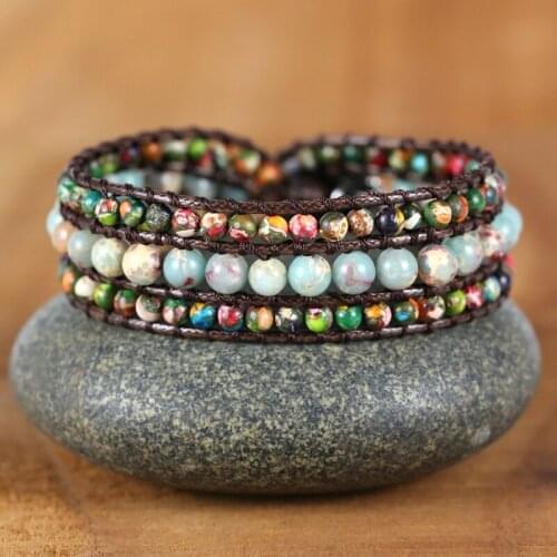 Natural Stone Boho Bracelet Round Shape Emperor Stone Single Leather Wrap Bracelet Friendship braid Bracelet lovers jewelry