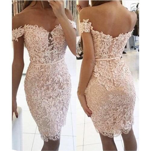 2019 Elegant Short Lace Cocktail Dress Party Kneed Length Women Sunmer Nude Pink Dresses