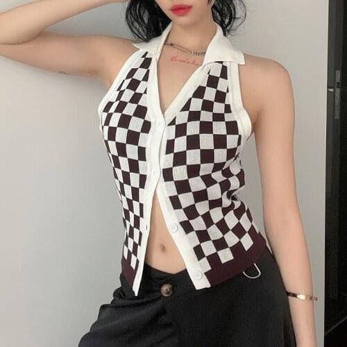Plaid Y2k Halter Tee V-neck Backless Sleeveless Sexy Fashion T-shirt Casual 2021 Summer Woemen Turn Down Collar Vintage Top