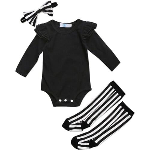 3PCS Newborn Baby Girls Casual Long Sleeve O-Neck Covered Button Black Romper Striped Led Warmer Headband Outfit Autumn 0-24M