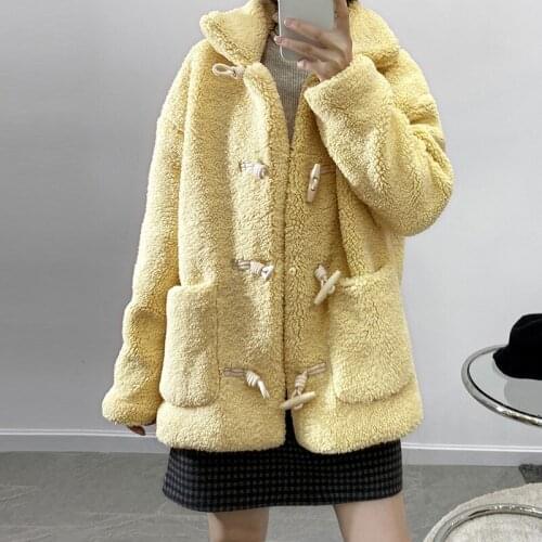 Korean version of artificial lamb wool coat winter loose yellow thick cold-proof college wind ladies jacket