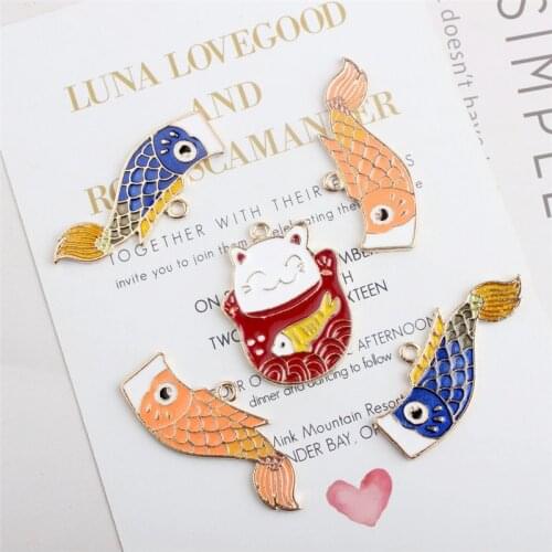 Fashion DIY Gold Enamel Lucky Cat Carp Flag Charms Gift For Bracelet, Metal Alloy Fortune Pendants Dangle Jewelry Craft